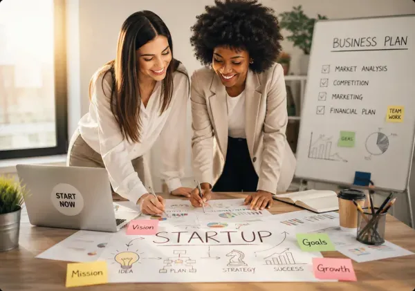Two founders planning a startup around a business plan