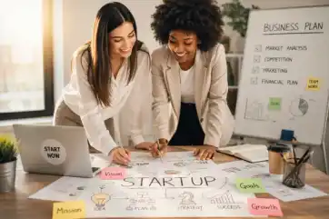 Two founders planning a startup around a business plan