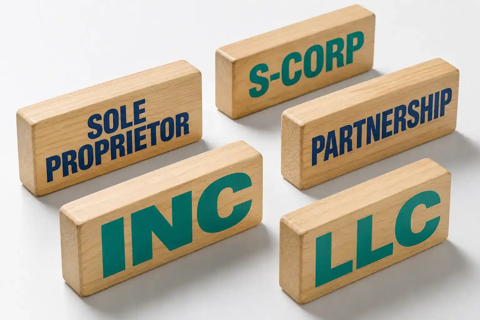 Blocks showing business structures: sole proprietor, S corp, INC, partnership, LLC