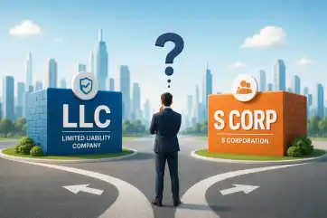 One path splitting into two, marking the choice between an LLC and a corporation